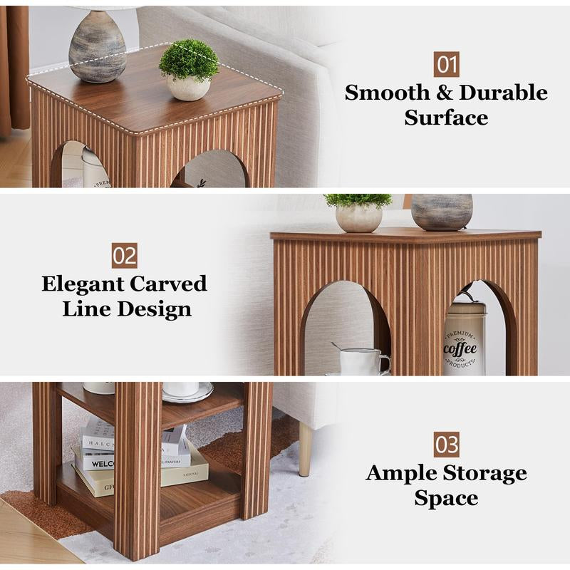 Giratree End Table Set of 2, Mid-Century Modern Side Table with 3-Tier Storage Shelves and Arched Carving Lines, Square Fluted Nightstand for Living Room, Bedroom, or Office