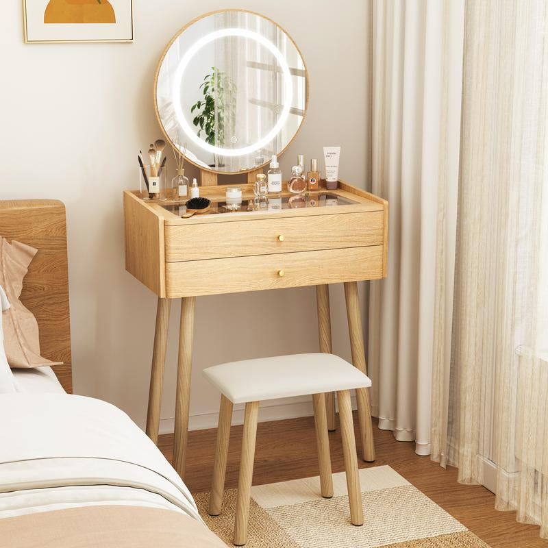 【Christmas Gift】Small Wood Vanity Desk with Mirror & Lights Space-Saving Makeup Table with Drawers Adjustable Brightness Elegant Functional Vanity for Narrow Spaces