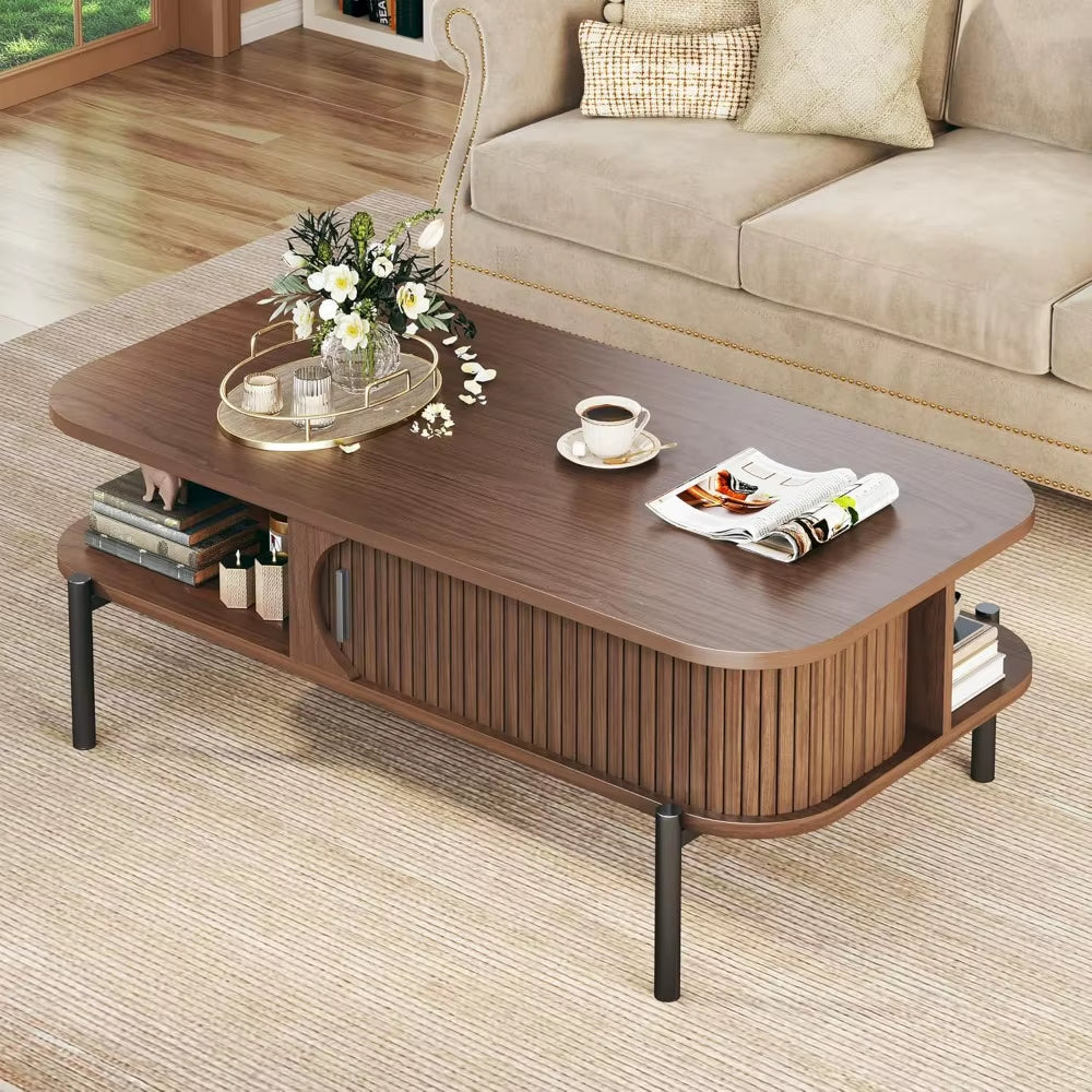 Coffee Table, 39.4" Mid Century Modern Coffee Tables for Living Room, Coffee Table with Storage Open Shelf, Fluted Table