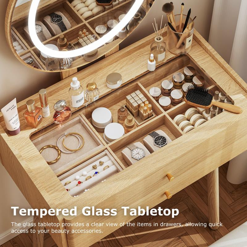 【Christmas Gift】Small Wood Vanity Desk with Mirror & Lights Space-Saving Makeup Table with Drawers Adjustable Brightness Elegant Functional Vanity for Narrow Spaces