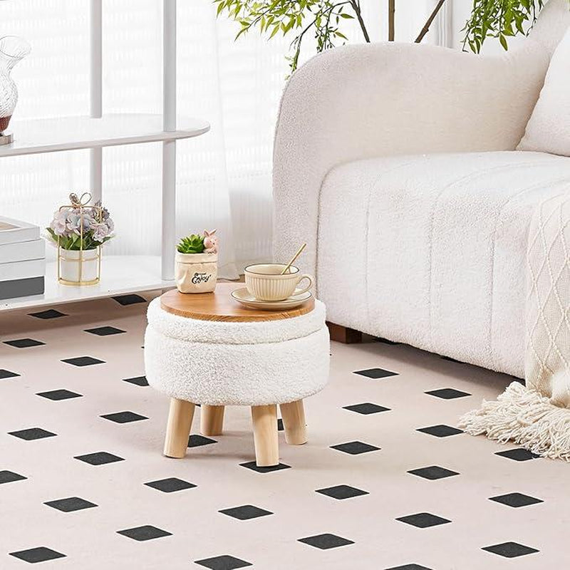 Mini Storage Ottoman, Modern round Footrest with Soft Padded Seat, Teddy Velvet Footstool with Wood Legs, Accent Small Table or Plant Stand for Hallway, Living Room