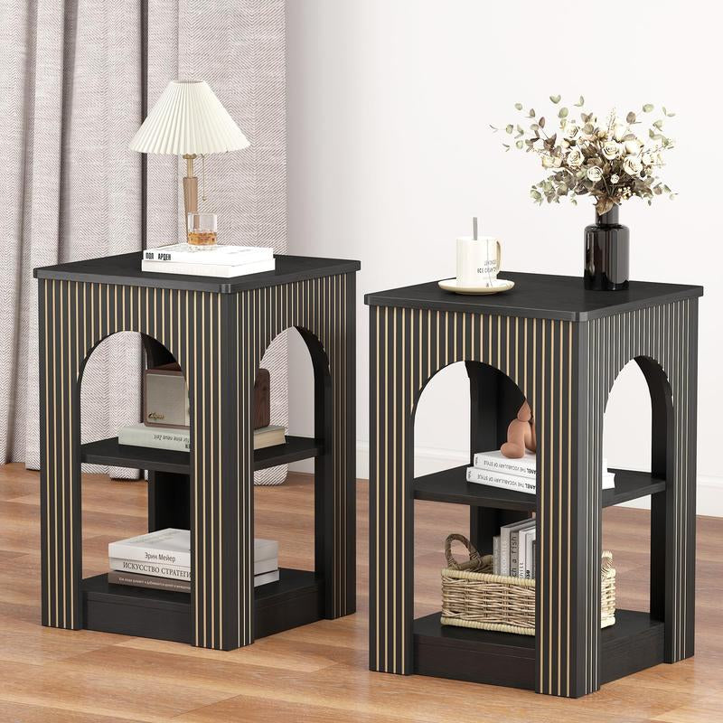 Giratree End Table Set of 2, Mid-Century Modern Side Table with 3-Tier Storage Shelves and Arched Carving Lines, Square Fluted Nightstand for Living Room, Bedroom, or Office