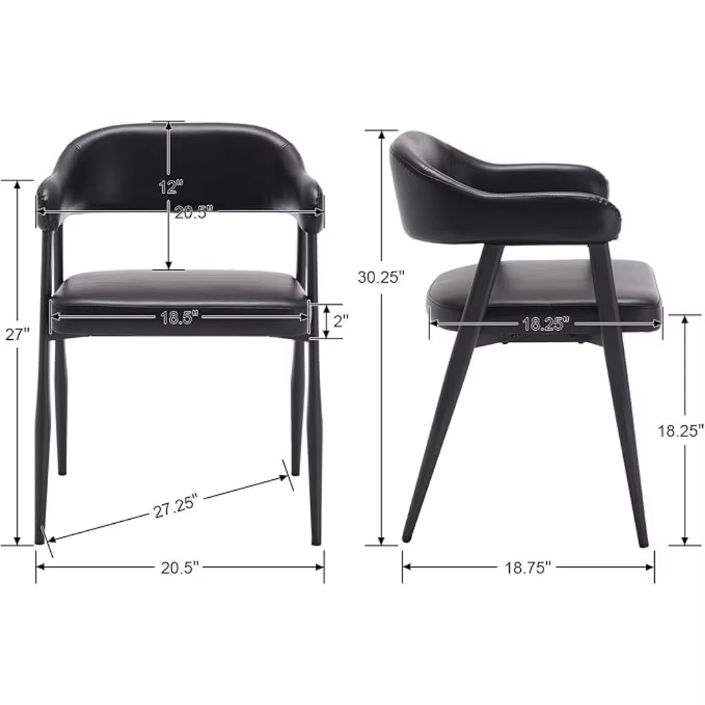 Black Leather Dining Chairs Set of 2 with Black Metal Legs, Mid Century Modern Kitchen Chairs with Curved Backrest,Customized