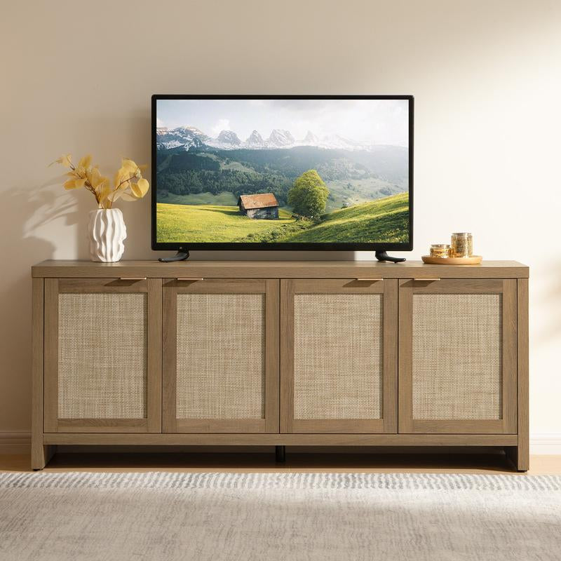 SICOTAS TV Stand for Living Room Boho Entertainment Center for Bedroom with 4 Rattan Cabinets Farmhouse Television Stands with Storage Large Wood Media Console Table for Tvs up to 45 50 55 60 65 Inch