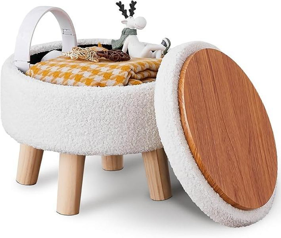 Mini Storage Ottoman, Modern round Footrest with Soft Padded Seat, Teddy Velvet Footstool with Wood Legs, Accent Small Table or Plant Stand for Hallway, Living Room