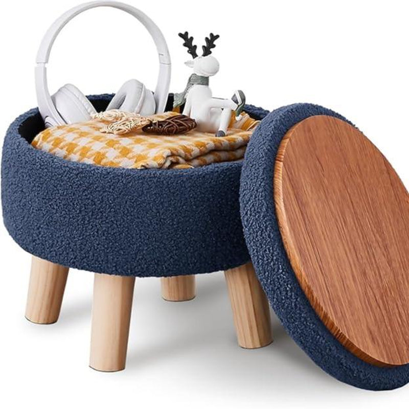 Mini Storage Ottoman, Modern round Footrest with Soft Padded Seat, Teddy Velvet Footstool with Wood Legs, Accent Small Table or Plant Stand for Hallway, Living Room