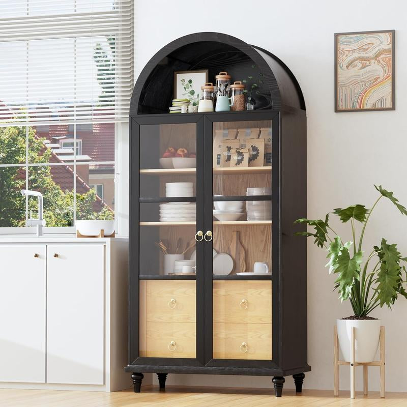 Furmax 71" Tall Arched Kitchen Pantry with 2 Large Drawers & Adjustable Shelves for Kitchen Dining Room Bathroom Living Room, Black Storage Cabinets Apartment Furniture