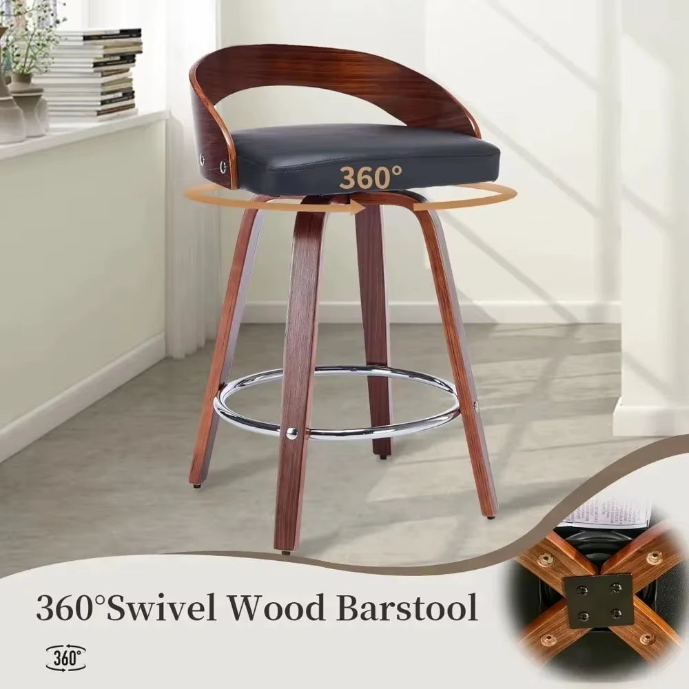 25 Inch Swivel Stool Low Back Set of 2, Mid-Century Black PU Leather Upholstered Barstool Walnut Wood Counter Height Stool