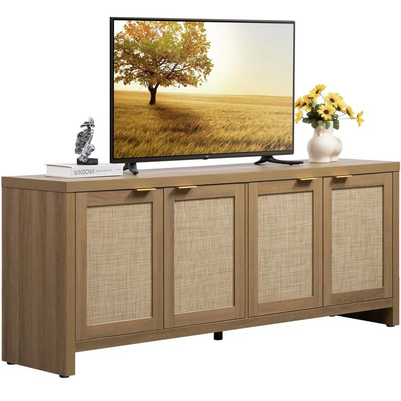 SICOTAS TV Stand for Living Room Boho Entertainment Center for Bedroom with 4 Rattan Cabinets Farmhouse Television Stands with Storage Large Wood Media Console Table for Tvs up to 45 50 55 60 65 Inch