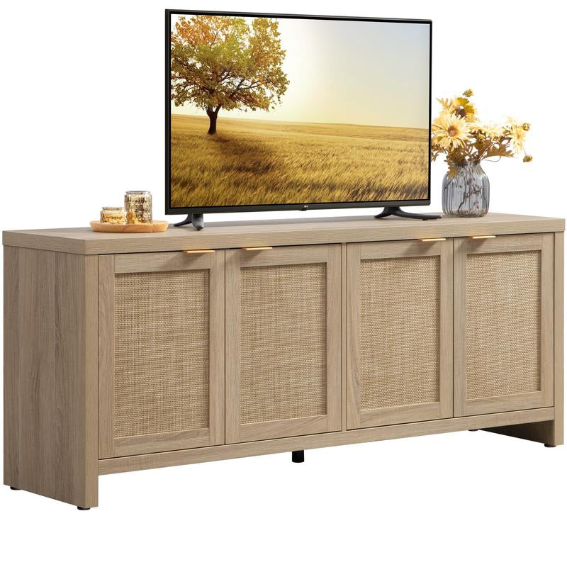 SICOTAS TV Stand for Living Room Boho Entertainment Center for Bedroom with 4 Rattan Cabinets Farmhouse Television Stands with Storage Large Wood Media Console Table for Tvs up to 45 50 55 60 65 Inch