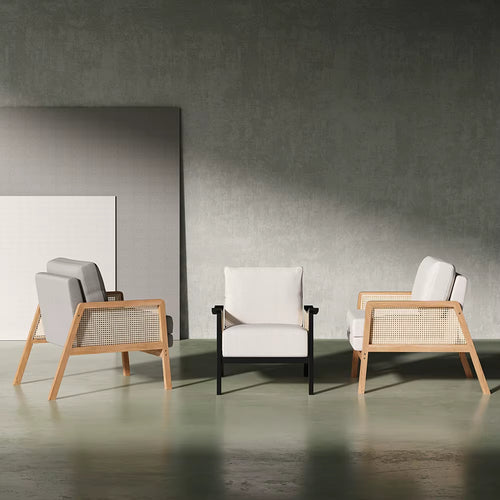 Cushioned Wood Armchair Rattan Sides Solid Wood Real Rattan Dining Chair Living Room Bedroom Leisure Chair