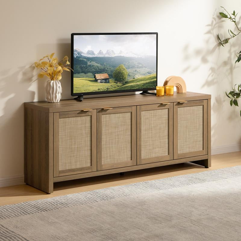 SICOTAS TV Stand for Living Room Boho Entertainment Center for Bedroom with 4 Rattan Cabinets Farmhouse Television Stands with Storage Large Wood Media Console Table for Tvs up to 45 50 55 60 65 Inch