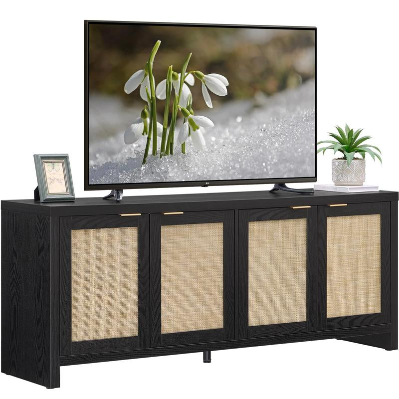 SICOTAS TV Stand for Living Room Boho Entertainment Center for Bedroom with 4 Rattan Cabinets Farmhouse Television Stands with Storage Large Wood Media Console Table for Tvs up to 45 50 55 60 65 Inch