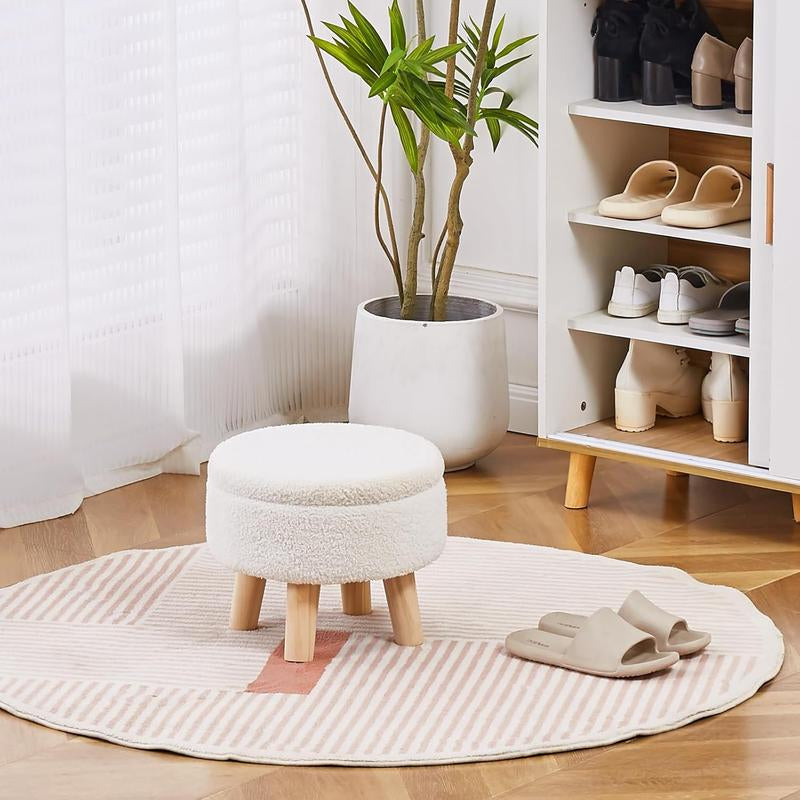 Mini Storage Ottoman, Modern round Footrest with Soft Padded Seat, Teddy Velvet Footstool with Wood Legs, Accent Small Table or Plant Stand for Hallway, Living Room
