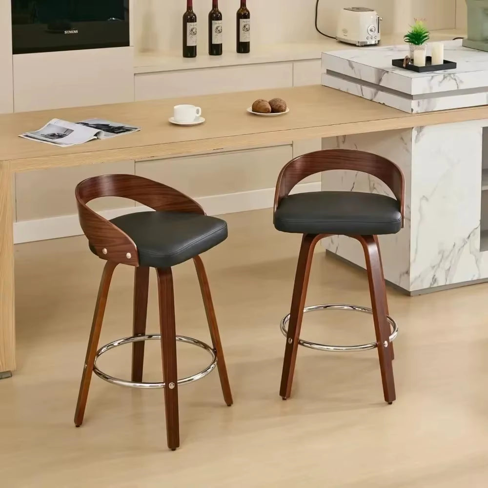 25 Inch Swivel Stool Low Back Set of 2, Mid-Century Black PU Leather Upholstered Barstool Walnut Wood Counter Height Stool