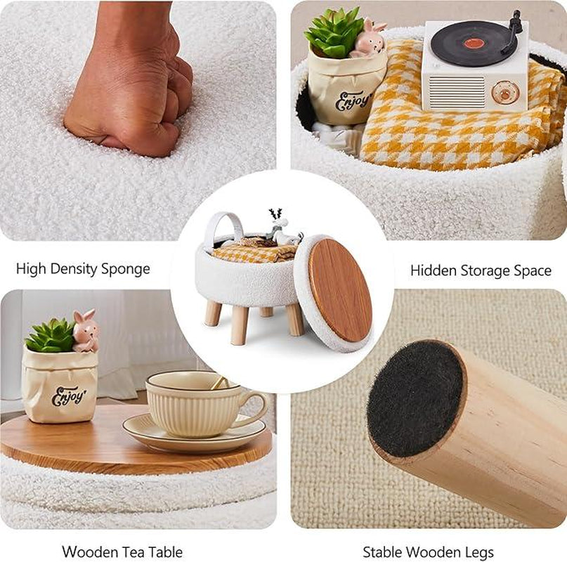 Mini Storage Ottoman, Modern round Footrest with Soft Padded Seat, Teddy Velvet Footstool with Wood Legs, Accent Small Table or Plant Stand for Hallway, Living Room