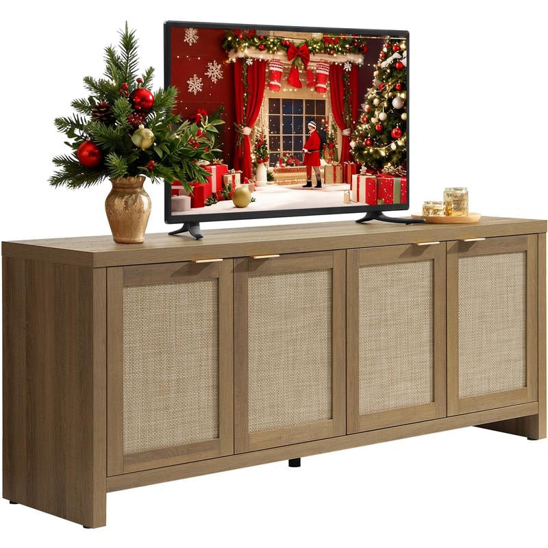SICOTAS TV Stand for Living Room Boho Entertainment Center for Bedroom with 4 Rattan Cabinets Farmhouse Television Stands with Storage Large Wood Media Console Table for Tvs up to 45 50 55 60 65 Inch