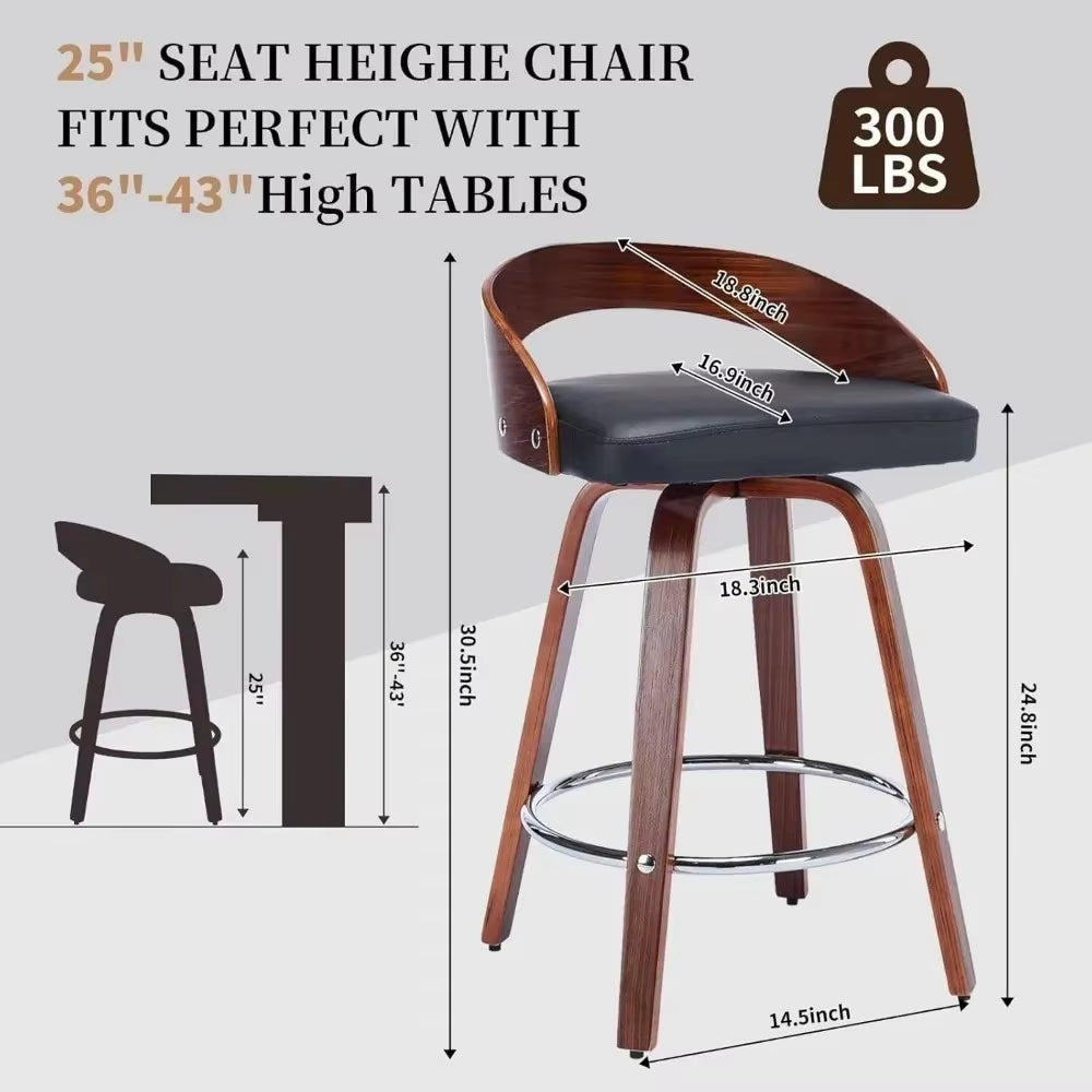 25 Inch Swivel Stool Low Back Set of 2, Mid-Century Black PU Leather Upholstered Barstool Walnut Wood Counter Height Stool