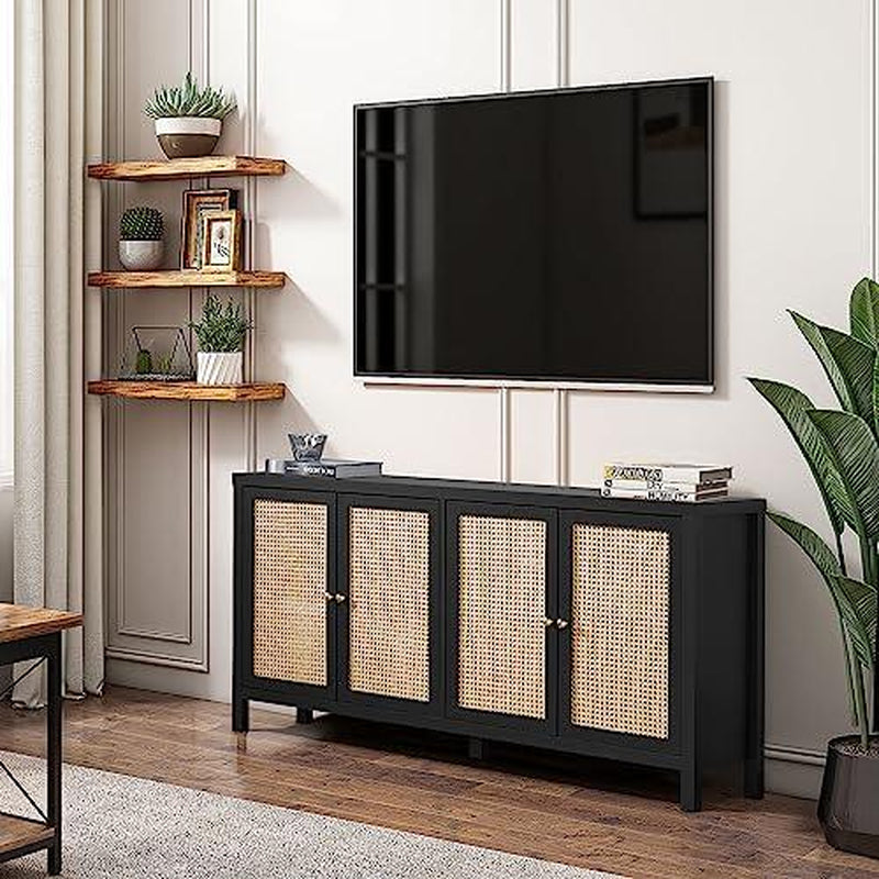 Giratree Sideboard Buffer Cabinet,Accent Storage Cabinet with 4 Rattan Doors, Modern Cupboard Console Table with Adjustable Shelves for Kitchen, Living Room, Hallway, Entryway