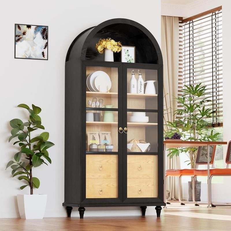 Furmax 71" Tall Arched Kitchen Pantry with 2 Large Drawers & Adjustable Shelves for Kitchen Dining Room Bathroom Living Room, Black Storage Cabinets Apartment Furniture