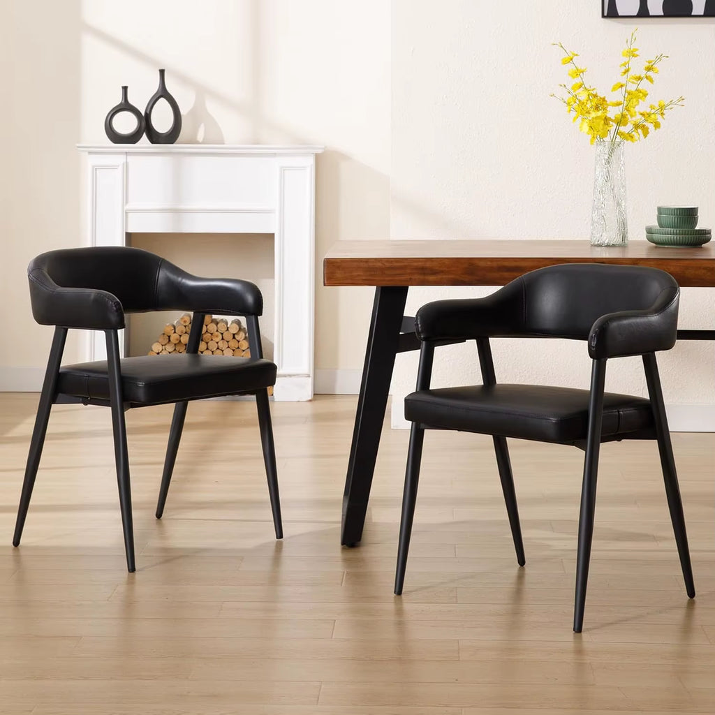 Black Leather Dining Chairs Set of 2 with Black Metal Legs, Mid Century Modern Kitchen Chairs with Curved Backrest,Customized