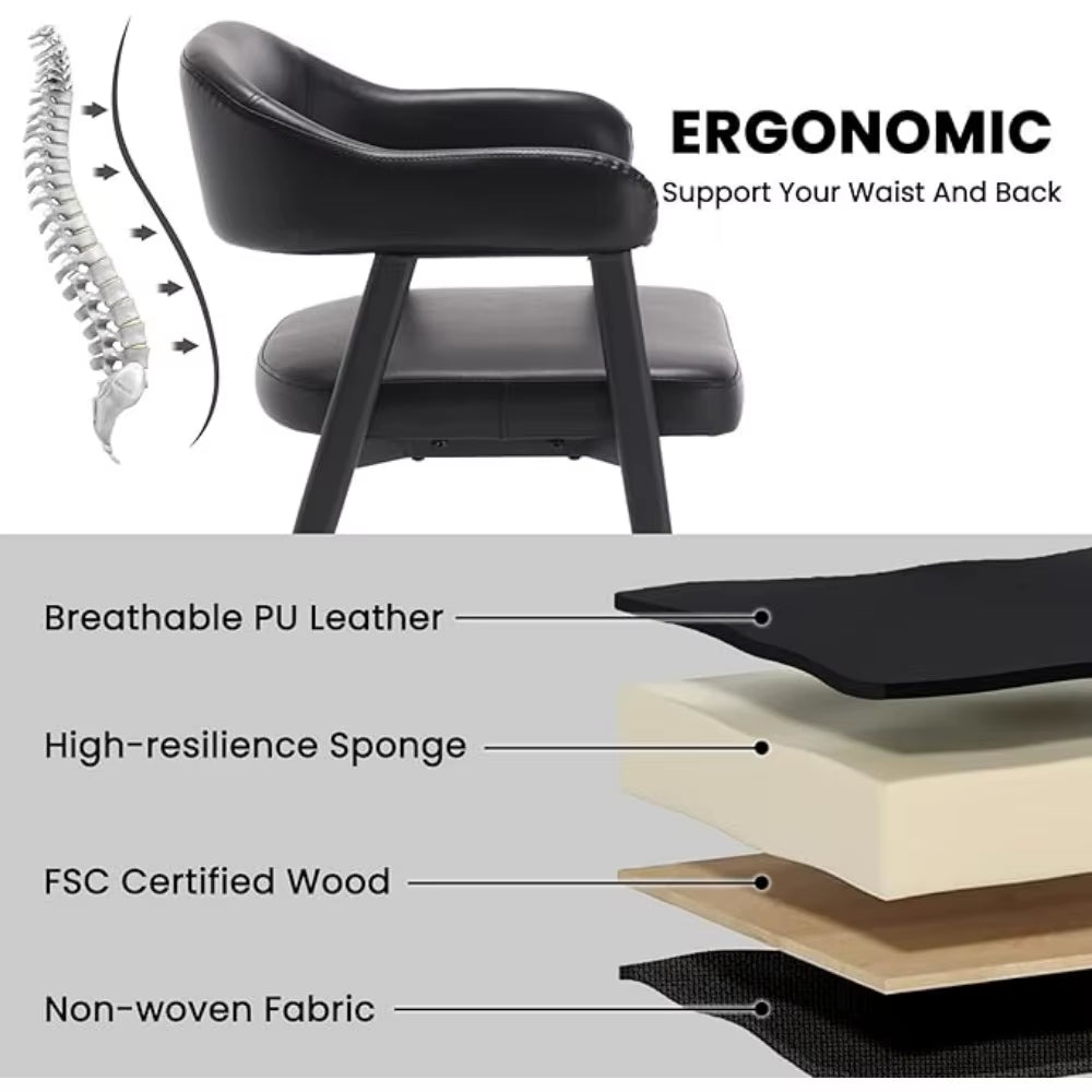 Black Leather Dining Chairs Set of 2 with Black Metal Legs, Mid Century Modern Kitchen Chairs with Curved Backrest,Customized