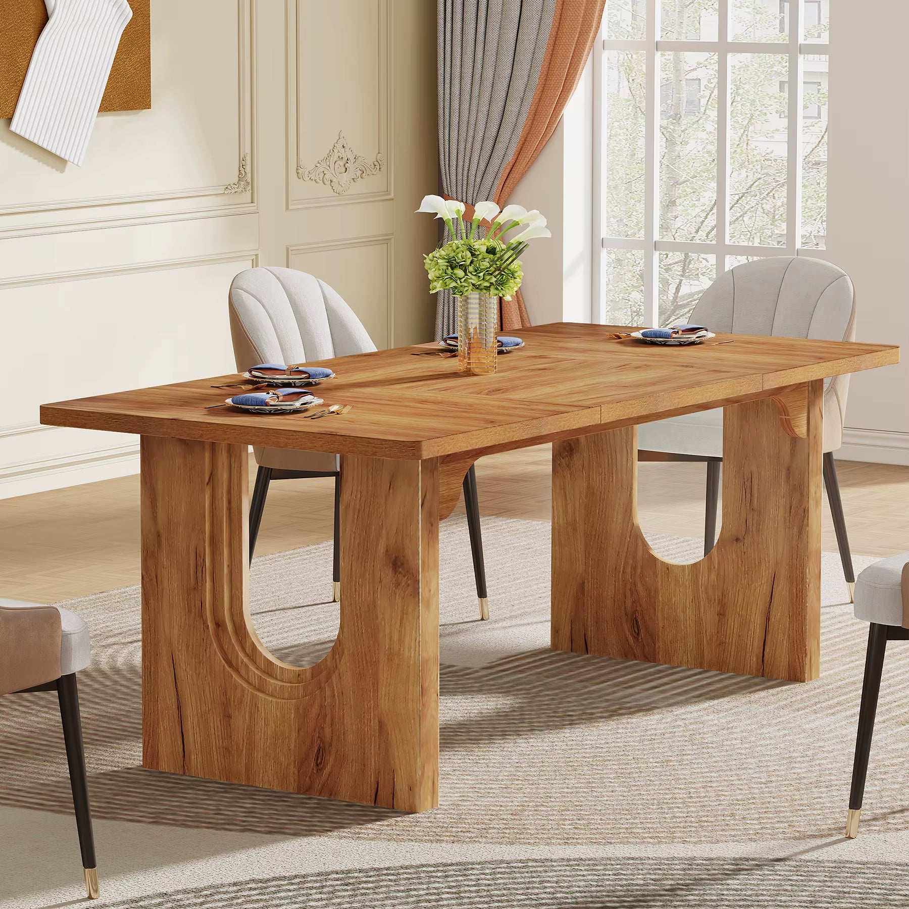 Modern Dining Table for 6 to 8 People, 71" Large Kitchen Dining Table with Wood Pedestal Base,