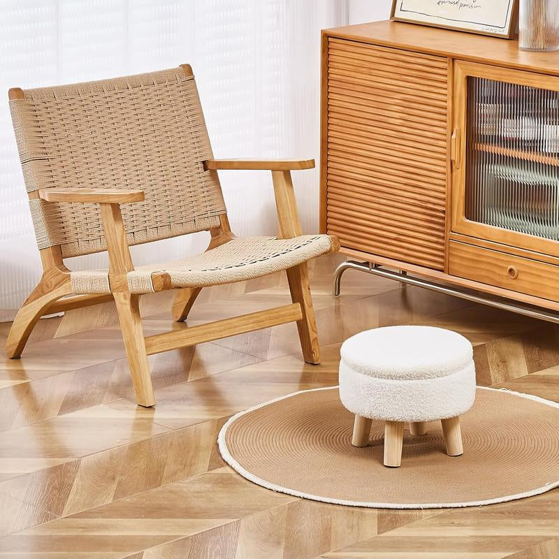 Mini Storage Ottoman, Modern round Footrest with Soft Padded Seat, Teddy Velvet Footstool with Wood Legs, Accent Small Table or Plant Stand for Hallway, Living Room