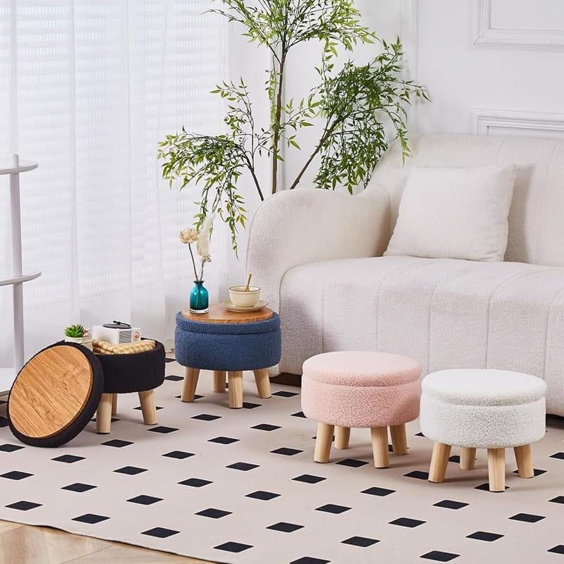 Mini Storage Ottoman, Modern round Footrest with Soft Padded Seat, Teddy Velvet Footstool with Wood Legs, Accent Small Table or Plant Stand for Hallway, Living Room