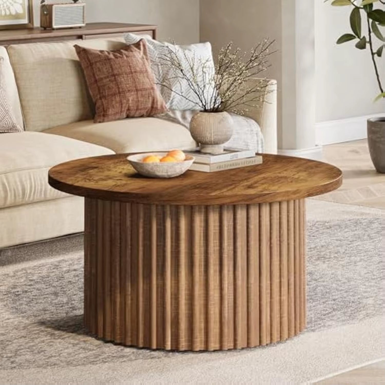 31.5" round Coffee Table, Farmhouse Circle Coffee Table with Metal Base, Modern Wood Accent Center Table Sofa Side Table