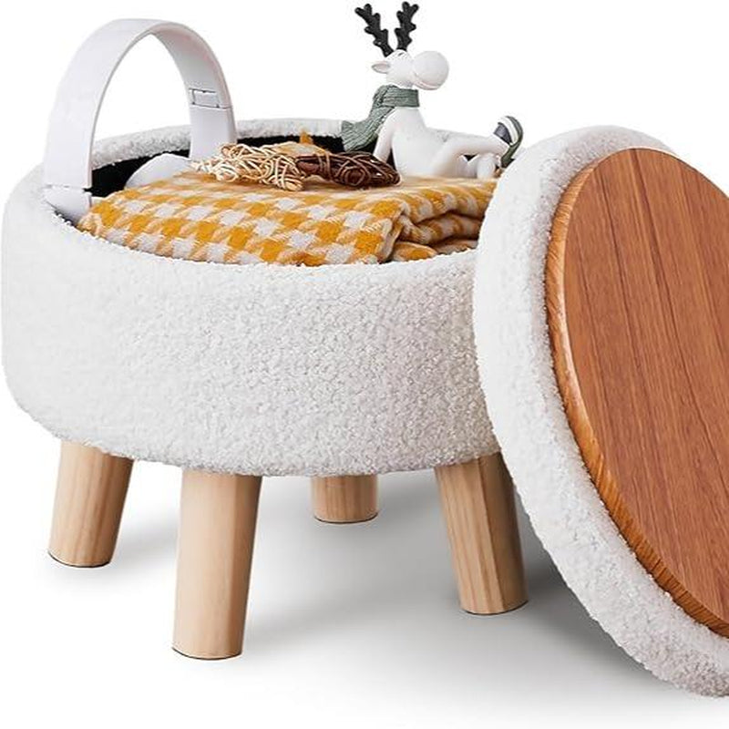 Mini Storage Ottoman, Modern round Footrest with Soft Padded Seat, Teddy Velvet Footstool with Wood Legs, Accent Small Table or Plant Stand for Hallway, Living Room
