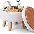 Mini Storage Ottoman, Modern round Footrest with Soft Padded Seat, Teddy Velvet Footstool with Wood Legs, Accent Small Table or Plant Stand for Hallway, Living Room