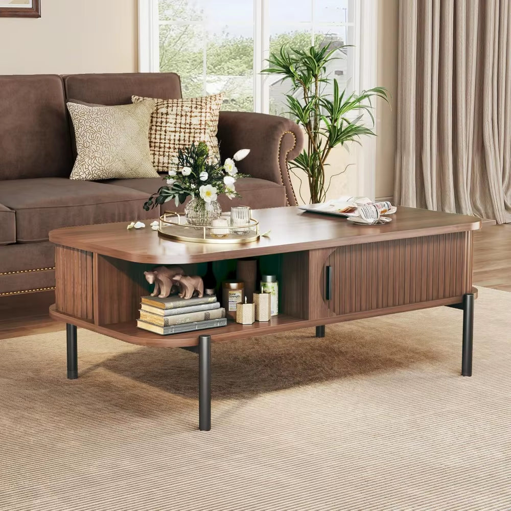 Coffee Table, 39.4" Mid Century Modern Coffee Tables for Living Room, Coffee Table with Storage Open Shelf, Fluted Table