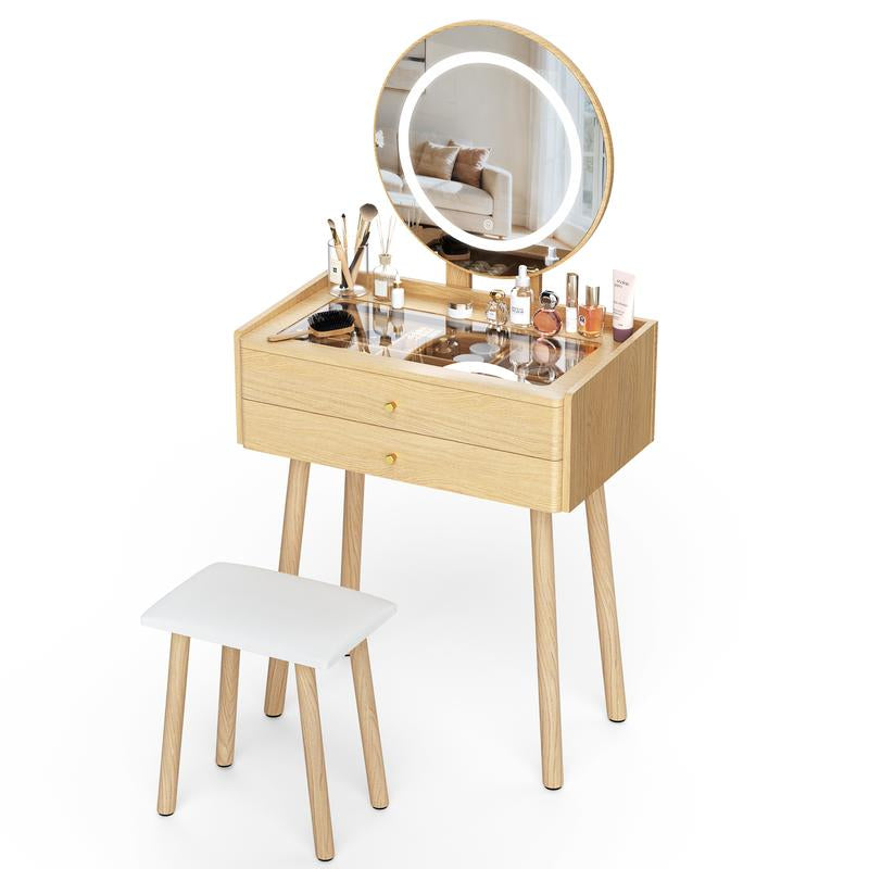 【Christmas Gift】Small Wood Vanity Desk with Mirror & Lights Space-Saving Makeup Table with Drawers Adjustable Brightness Elegant Functional Vanity for Narrow Spaces