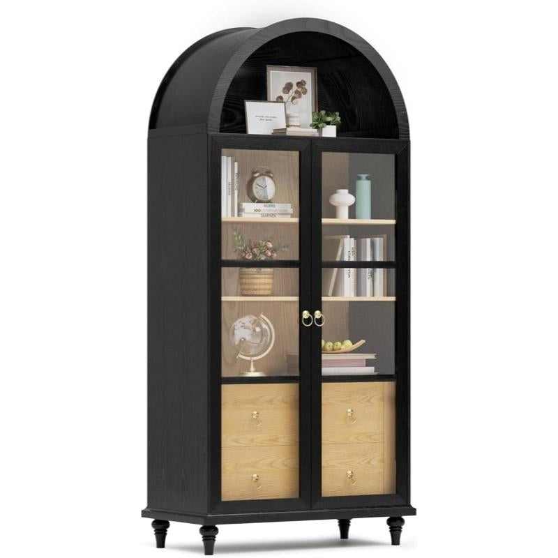 Furmax 71" Tall Arched Kitchen Pantry with 2 Large Drawers & Adjustable Shelves for Kitchen Dining Room Bathroom Living Room, Black Storage Cabinets Apartment Furniture