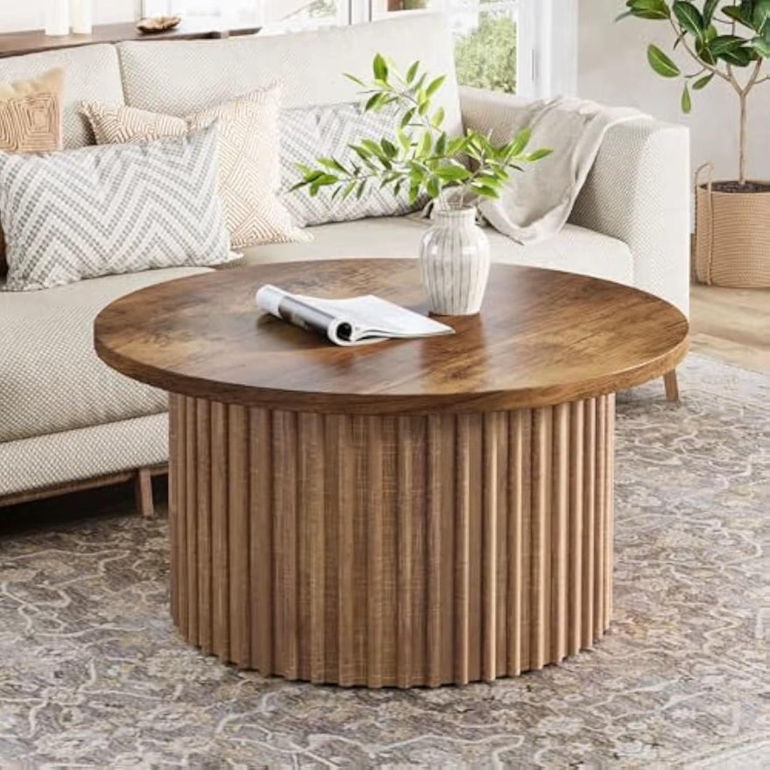 31.5" round Coffee Table, Farmhouse Circle Coffee Table with Metal Base, Modern Wood Accent Center Table Sofa Side Table