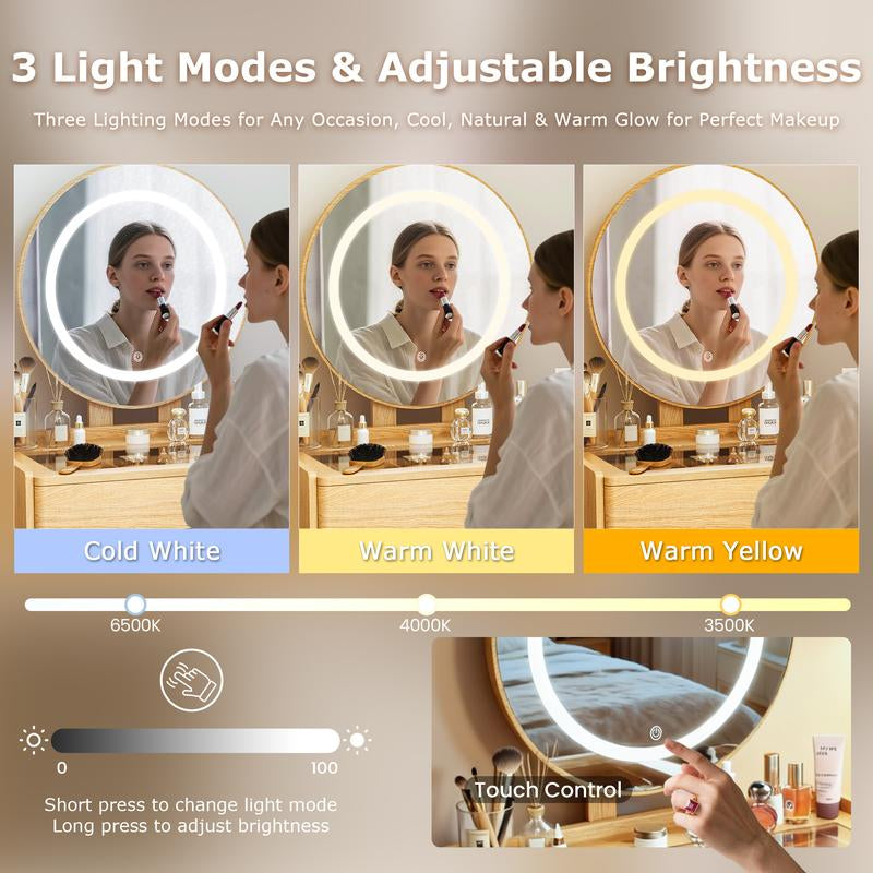 【Christmas Gift】Small Wood Vanity Desk with Mirror & Lights Space-Saving Makeup Table with Drawers Adjustable Brightness Elegant Functional Vanity for Narrow Spaces