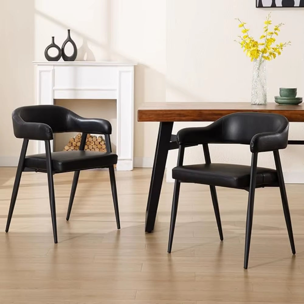 Black Leather Dining Chairs Set of 2 with Black Metal Legs, Mid Century Modern Kitchen Chairs with Curved Backrest,Customized