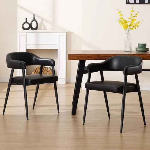 Black Leather Dining Chairs Set of 2 with Black Metal Legs, Mid Century Modern Kitchen Chairs with Curved Backrest,Customized