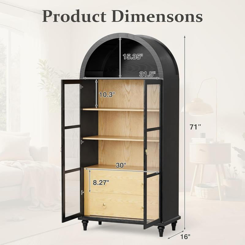 Furmax 71" Tall Arched Kitchen Pantry with 2 Large Drawers & Adjustable Shelves for Kitchen Dining Room Bathroom Living Room, Black Storage Cabinets Apartment Furniture