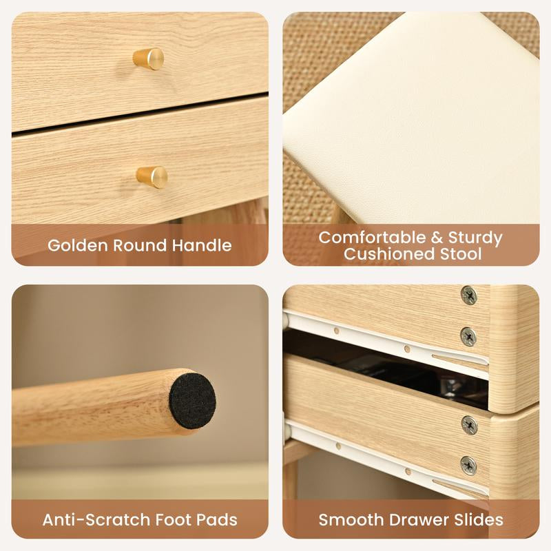 【Christmas Gift】Small Wood Vanity Desk with Mirror & Lights Space-Saving Makeup Table with Drawers Adjustable Brightness Elegant Functional Vanity for Narrow Spaces