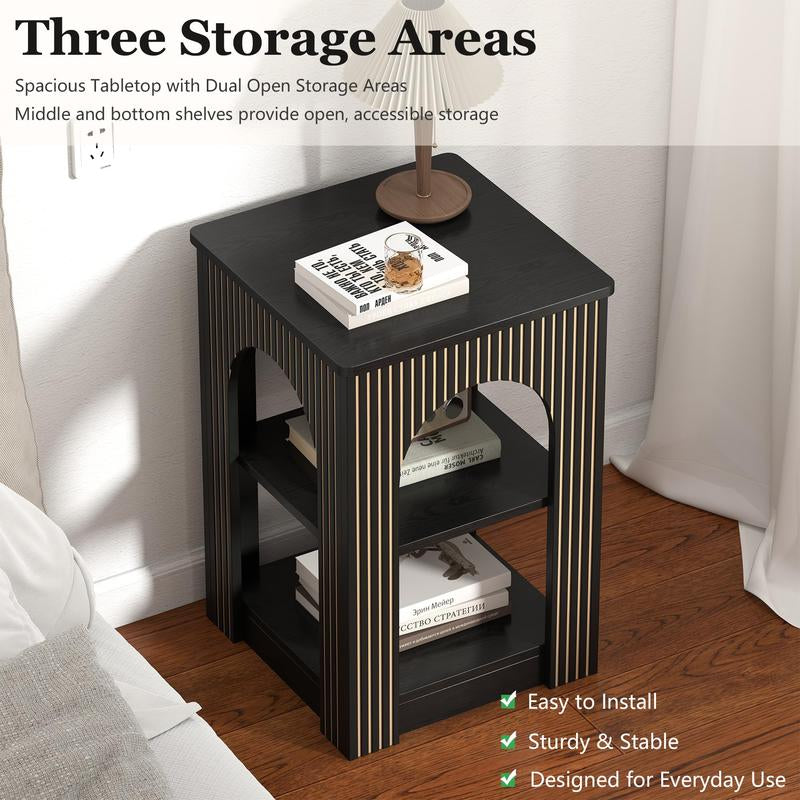 Giratree End Table Set of 2, Mid-Century Modern Side Table with 3-Tier Storage Shelves and Arched Carving Lines, Square Fluted Nightstand for Living Room, Bedroom, or Office