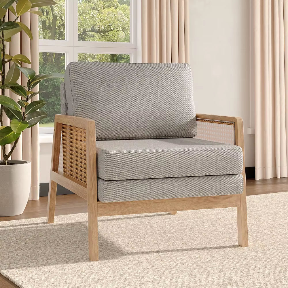 Cushioned Wood Armchair Rattan Sides Solid Wood Real Rattan Dining Chair Living Room Bedroom Leisure Chair