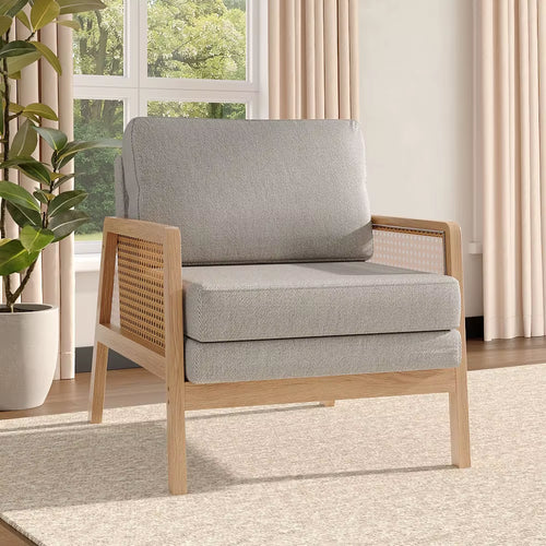 Cushioned Wood Armchair Rattan Sides Solid Wood Real Rattan Dining Chair Living Room Bedroom Leisure Chair