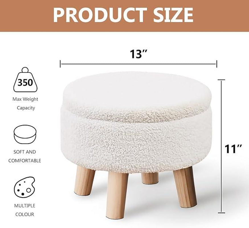 Mini Storage Ottoman, Modern round Footrest with Soft Padded Seat, Teddy Velvet Footstool with Wood Legs, Accent Small Table or Plant Stand for Hallway, Living Room