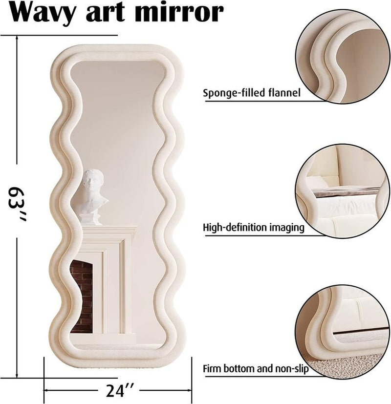 Full Length Mirror 63"X24", Irregular Wavy Mirror, Wave Floor Mirror, Wall Mirror Standing Hanging or Leaning against Wall for Bedroom Decor Wooden