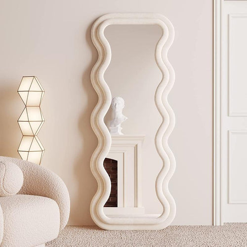 Full Length Mirror 63"X24", Irregular Wavy Mirror, Wave Floor Mirror, Wall Mirror Standing Hanging or Leaning against Wall for Bedroom Decor Wooden