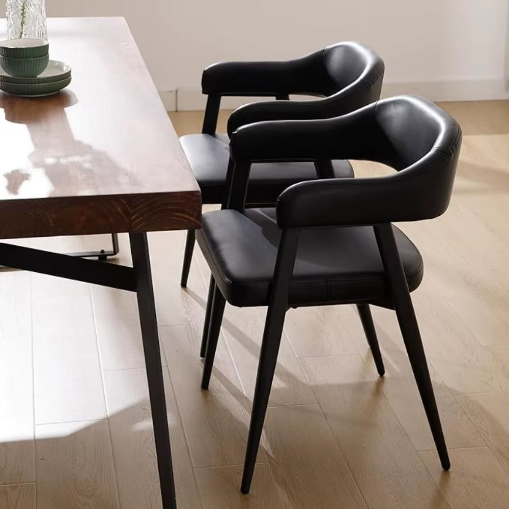 Black Leather Dining Chairs Set of 2 with Black Metal Legs, Mid Century Modern Kitchen Chairs with Curved Backrest,Customized