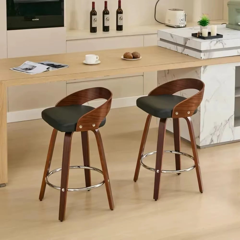 25 Inch Swivel Stool Low Back Set of 2, Mid-Century Black PU Leather Upholstered Barstool Walnut Wood Counter Height Stool