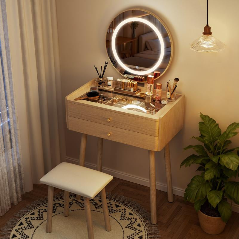 【Christmas Gift】Small Wood Vanity Desk with Mirror & Lights Space-Saving Makeup Table with Drawers Adjustable Brightness Elegant Functional Vanity for Narrow Spaces